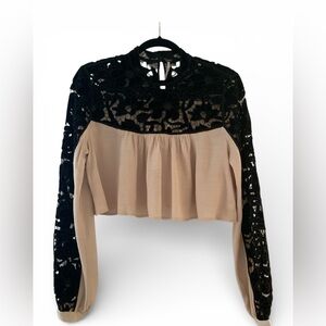 FREE PEOPLE - BLACK VELVET FLORAL LACE & LINEN TURTLENECK CROP TOP - SZ 4